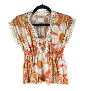 Deletta Anthropologie Blouse Top Floral Print Crochet Trim Orange Yellow XS